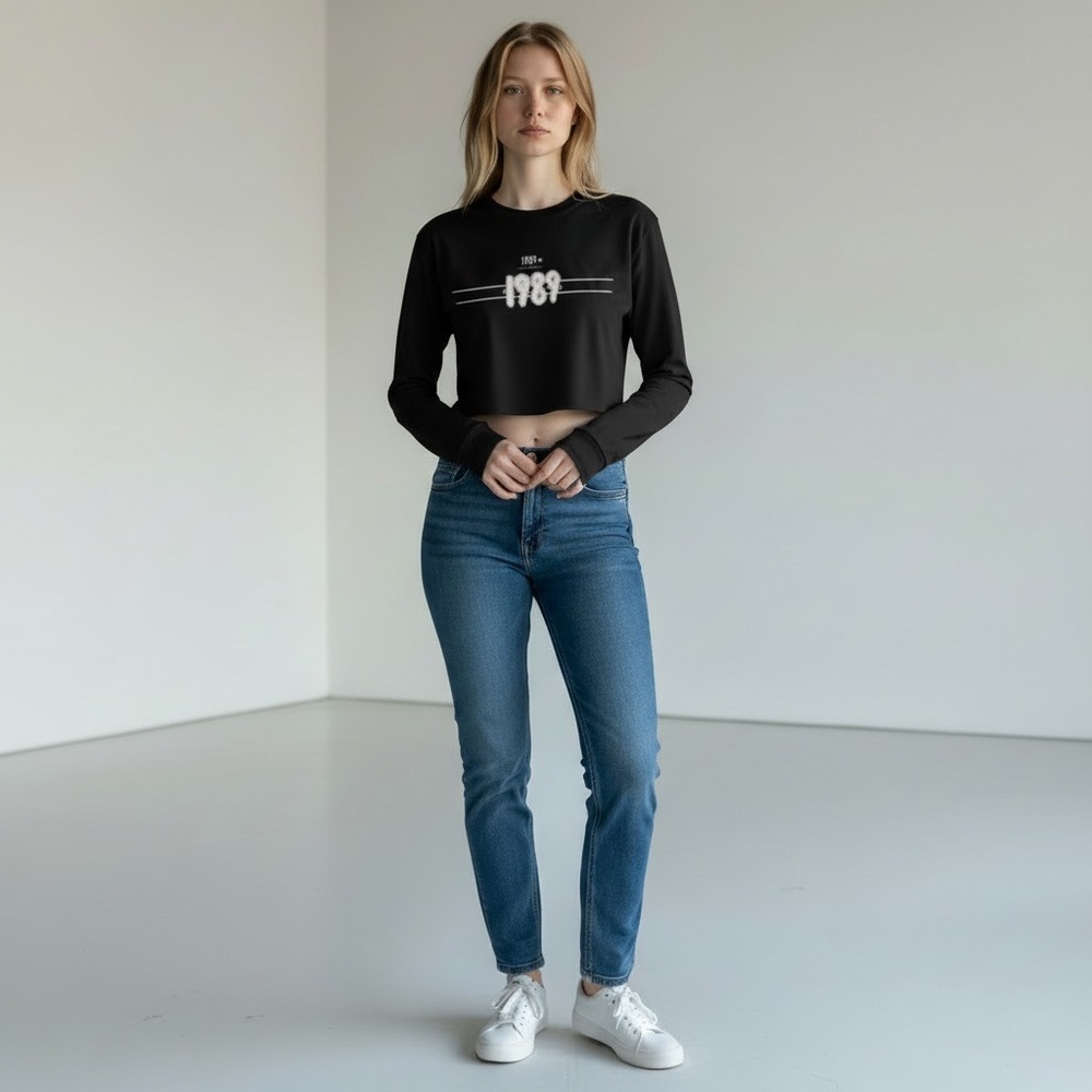 Taylor Swift Black Long Sleeve Crop Top with White 1989 Design size XL